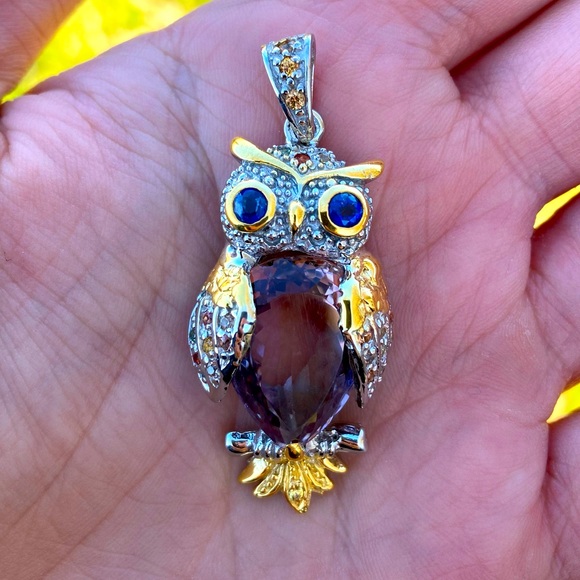 Jewelry - Handmade Owl Pendant Faceted Pear Amethyst accented genuine Sapphire & Kyanite